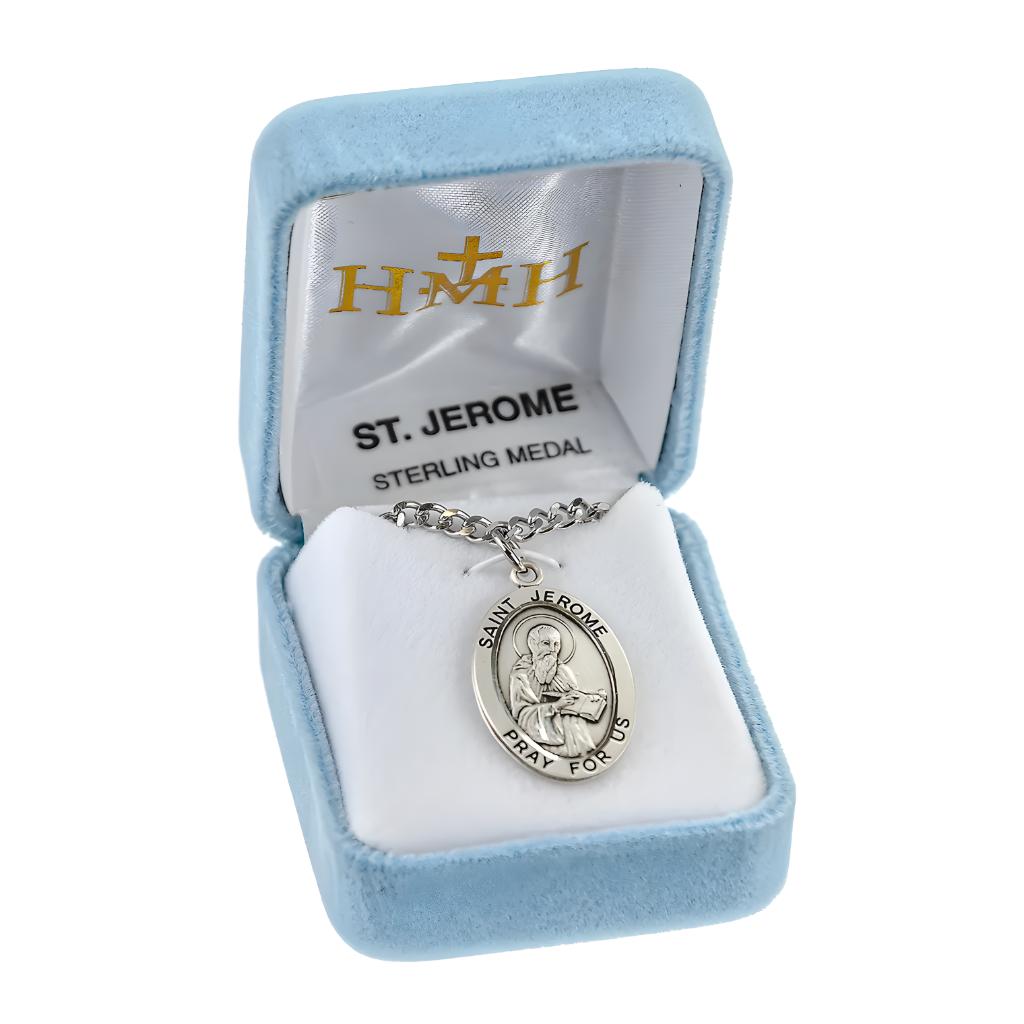 Large St. Jerome sterling silver necklace with 24" stainless steel chain in gift box, USA-made. (view 4)