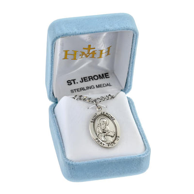 Large St. Jerome sterling silver necklace with 24" stainless steel chain in gift box, USA-made. (view 4)