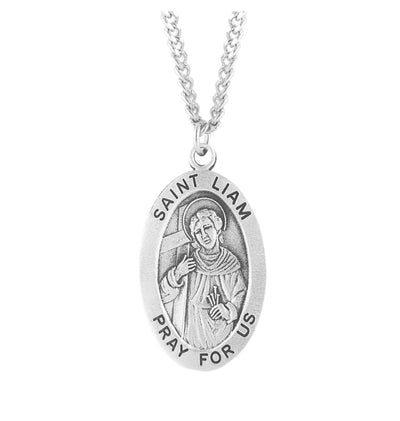 St Liam Large Oval Sterling Silver Saint Medal with Plated Chain, HMH Religious