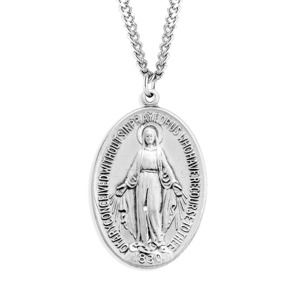 Large Sterling Silver Miraculous Medal w/27-in Chain, HMH Religious
