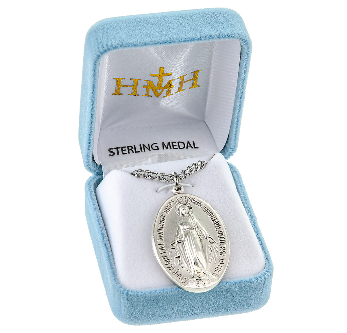 Large Sterling Silver Miraculous Medal w/27-in Chain in Box, HMH Religious