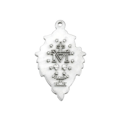 Back of the Miraculous Leaf Swirled Top Border Sterling Silver Medal Necklace with Chain, HMH Religious