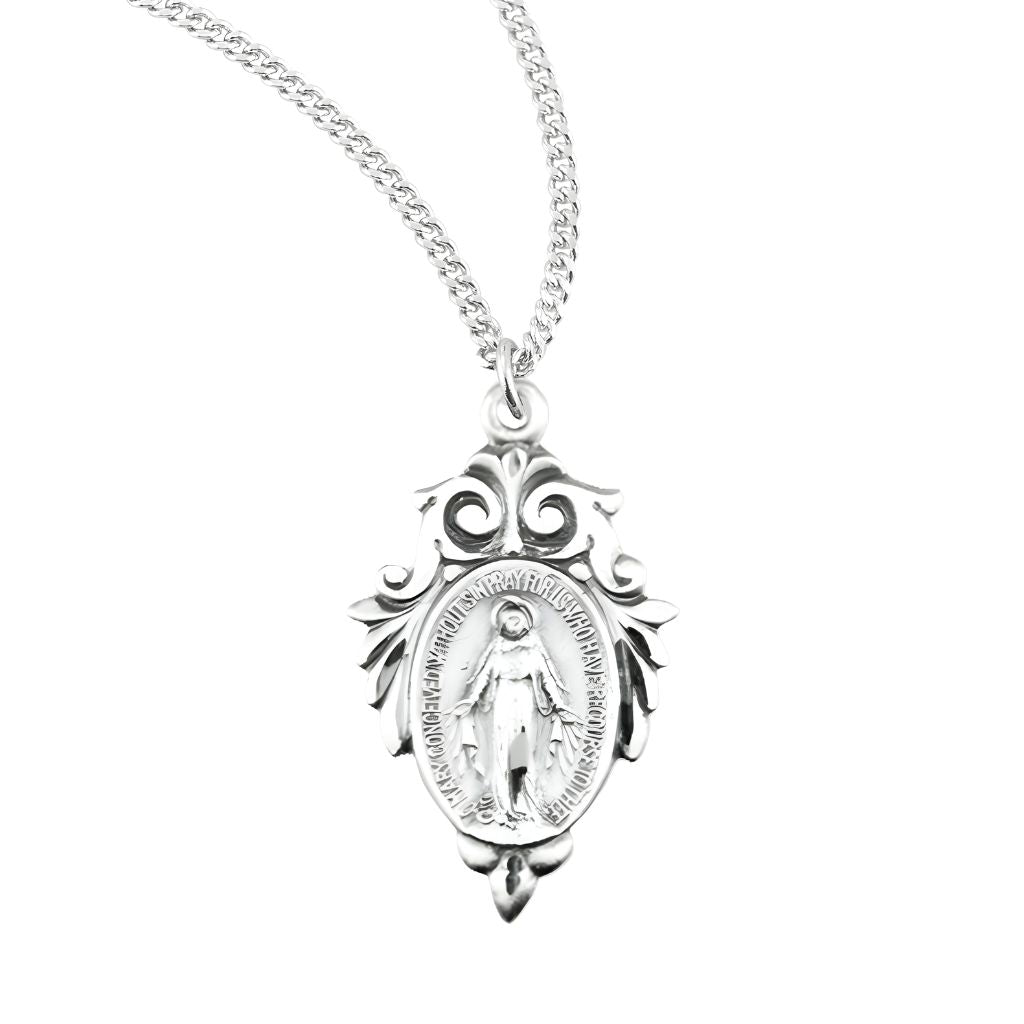 Miraculous Leaf Swirled Top Border Sterling Silver Medal Necklace with Chain. Made in USA by HMH Religious.