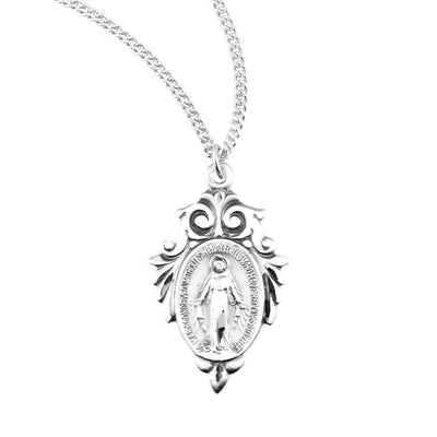 Miraculous Leaf Swirled Top Border Sterling Silver Medal Necklace with Chain, HMH Religious