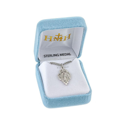 Miraculous Leaf Swirled Top Border Sterling Silver Medal Necklace., chain and gift box included, HMH Religious