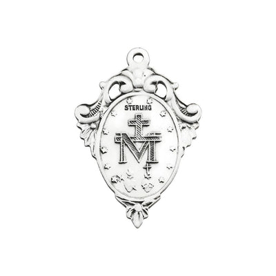 Back of fancy Miraculous Pierced Scroll Sterling Silver Medal Necklace with Chain, HMH Religious
