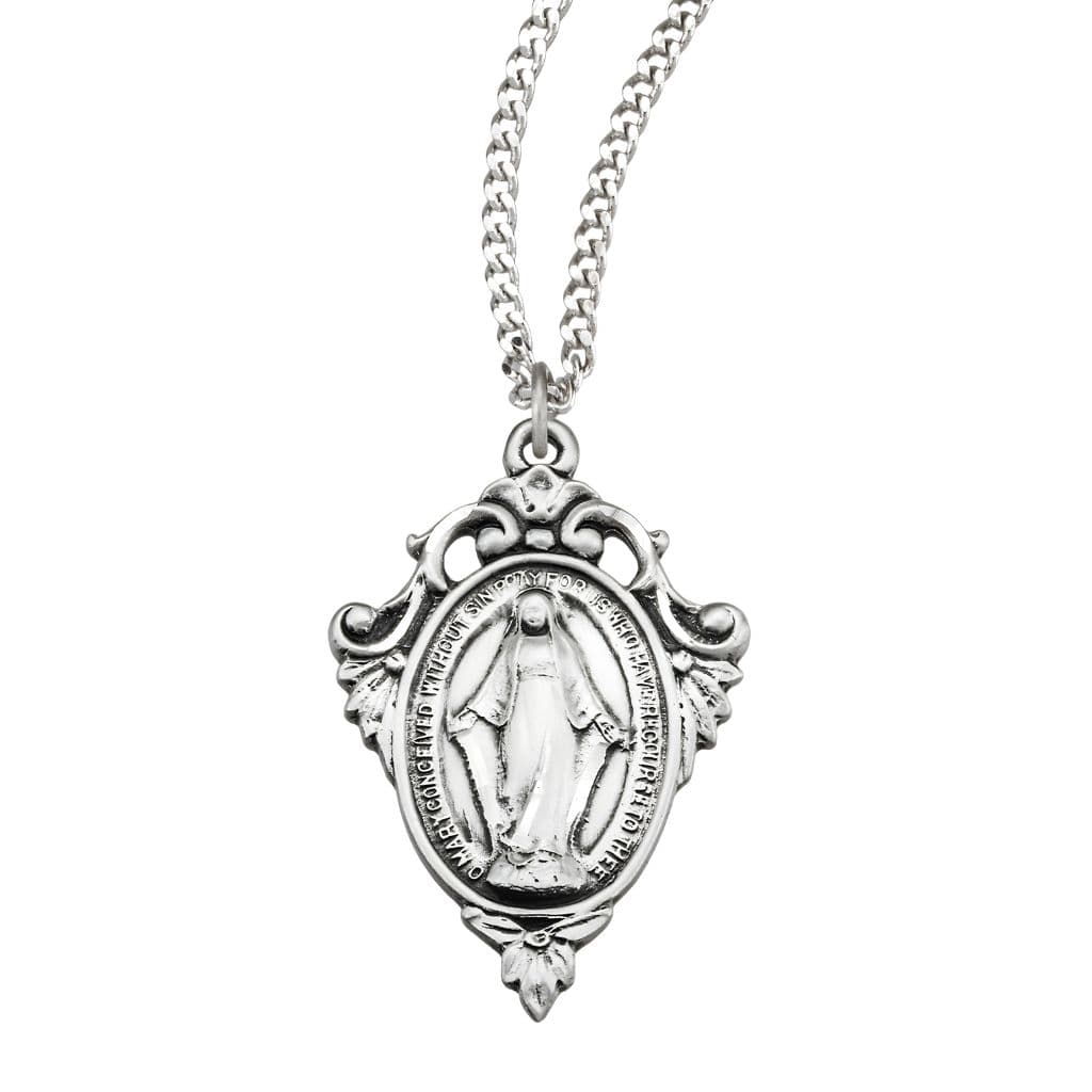 Our fancy Miraculous Pierced Scroll Sterling Silver Medal Necklace with Chain. Made in USA by HMH Religious.