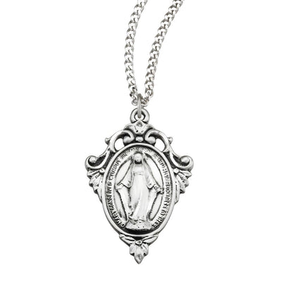 Our fancy Miraculous Pierced Scroll Sterling Silver Medal Necklace with Chain, HMH Religious