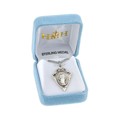 Our fancy Miraculous Pierced Scroll Sterling Silver Medal Necklace., chain and gift box included, HMH Religious