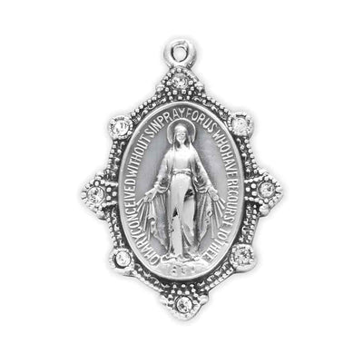 Front of Miraculous Sterling Silver Necklace with clear crystals, HMH Religious (view 2)