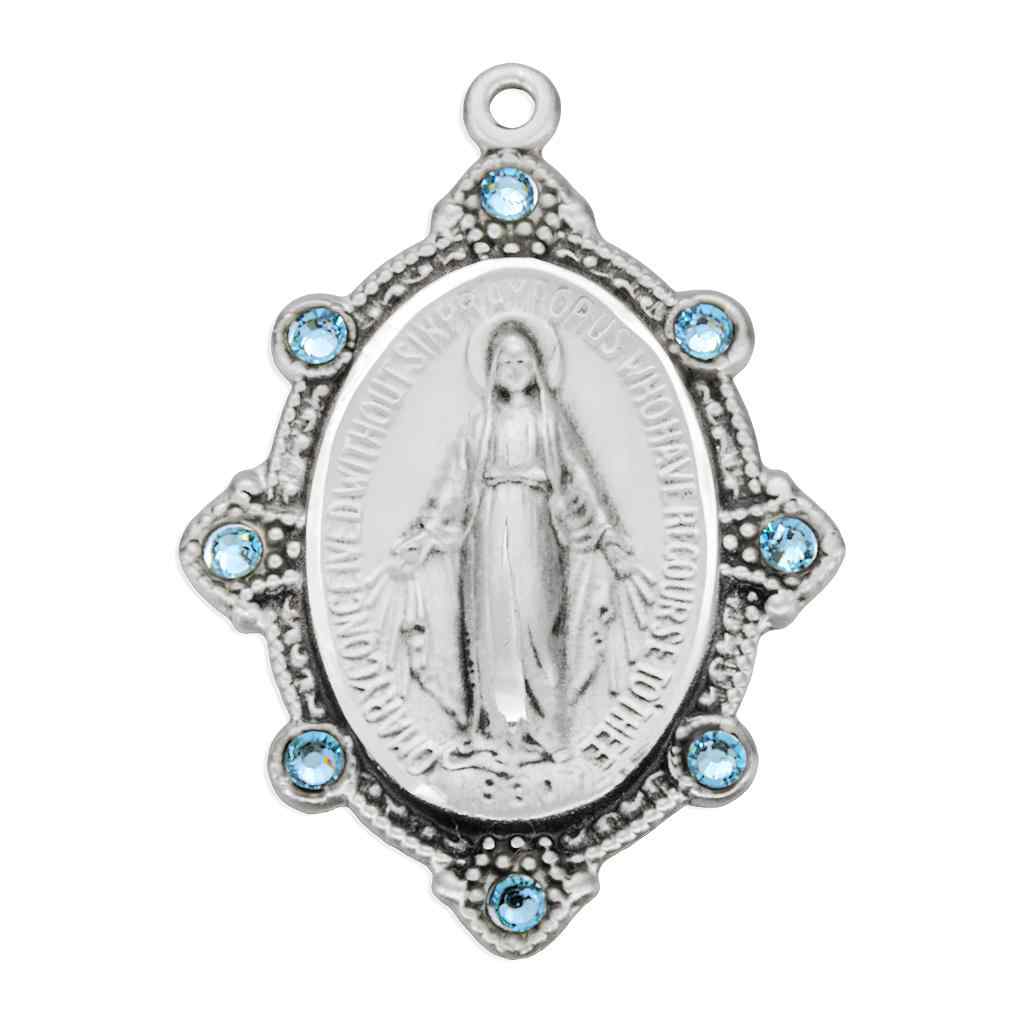 Front of Miraculous Sterling Silver Necklace with light sapphire crystals, HMH Religious (view 2)