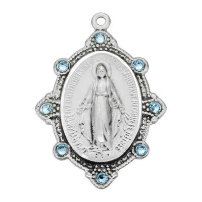 Front of Miraculous Sterling Silver Necklace with light sapphire crystals, HMH Religious (view 2)