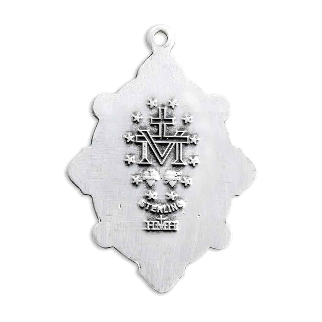 Back of Miraculous Sterling Silver Necklace with light sapphire crystals, HMH Religious (view 3)