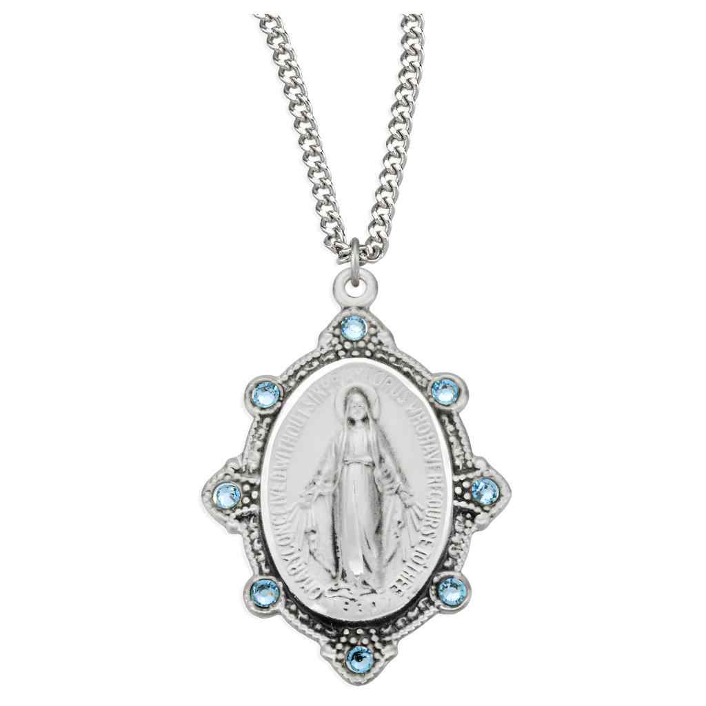Miraculous Sterling Silver Necklace with light sapphire crystals, 18" stainless steel curb chain with gift box by HMH Religious (view 1)