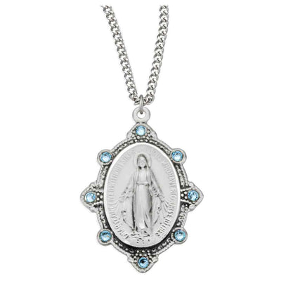 Miraculous Sterling Silver Necklace with light sapphire crystals, 18" stainless steel curb chain with gift box by HMH Religious (view 1)