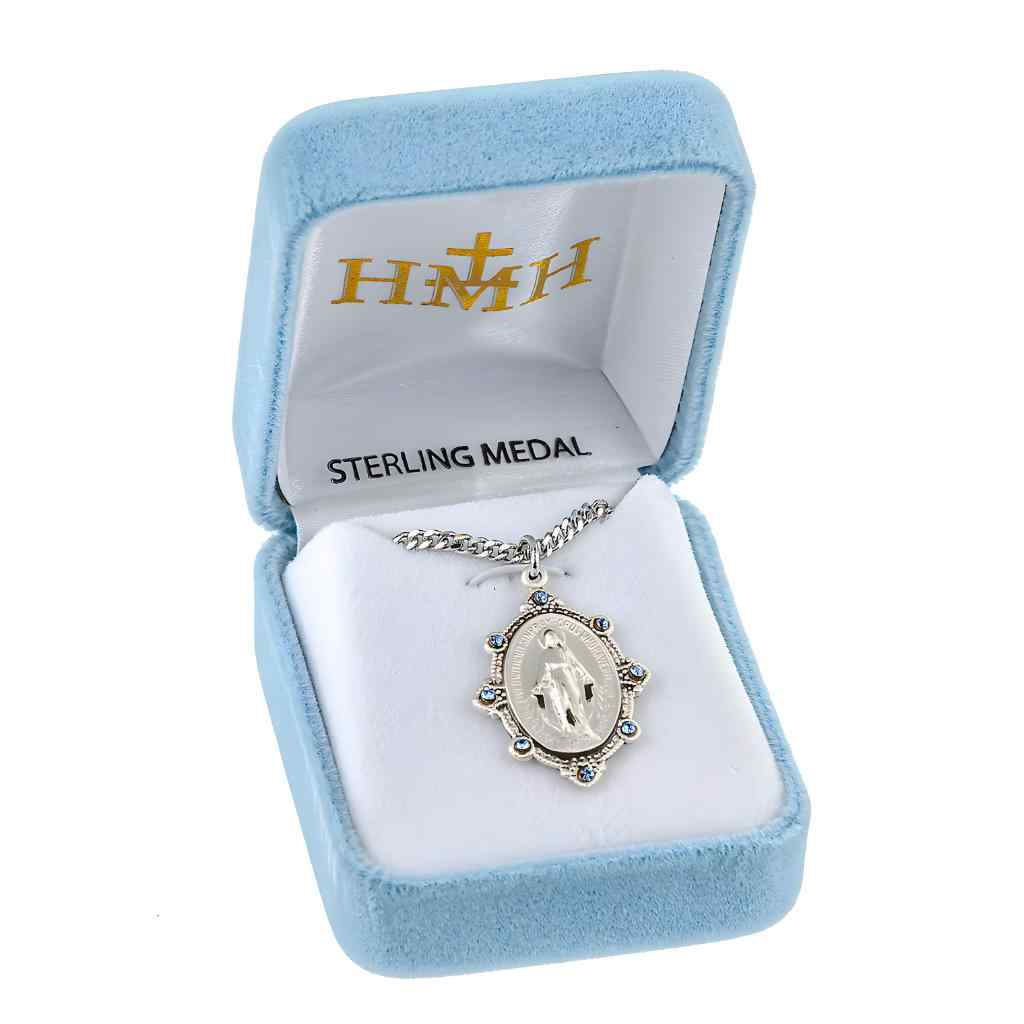 Miraculous Sterling Silver Necklace with sapphire crystals, 18" stainless steel curb chain with gift box by HMH Religious (view 4)