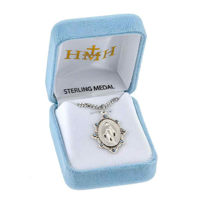 Miraculous Sterling Silver Necklace with sapphire crystals, 18" stainless steel curb chain with gift box by HMH Religious (view 4)