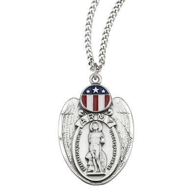 Army St Sebastian Necklace in Sterling Silver with Red, White, and Blue epoxy design with 24" 316 surgical stainless steel curb endless chain, HMH Religious