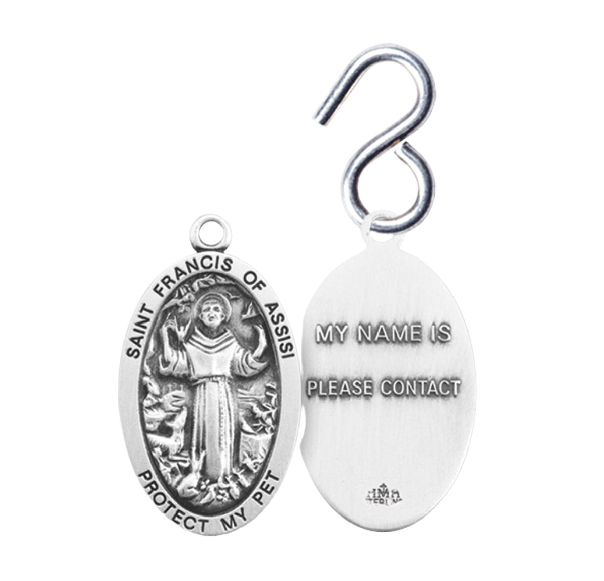 Front and Back HMH Religious Saint Francis of Assisi Oval Sterling Silver Pet Medal ID Tag,