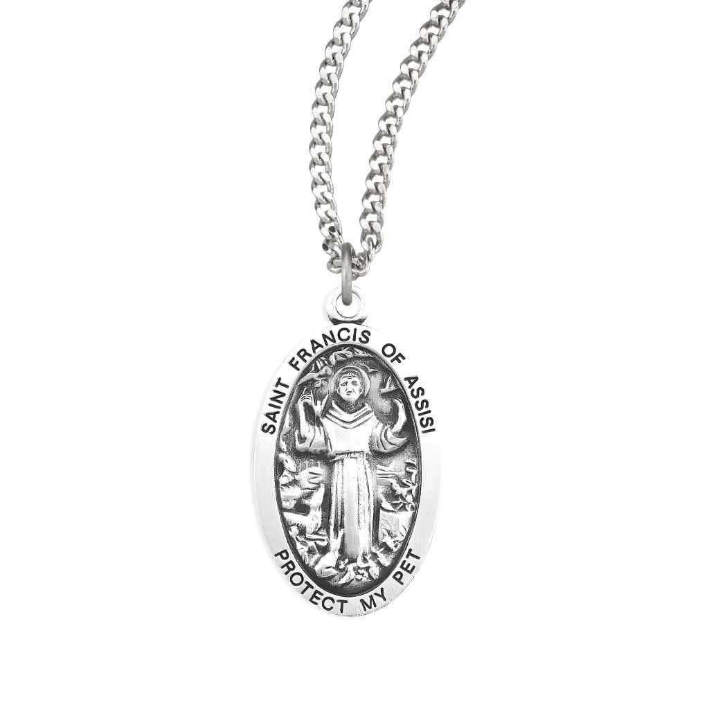 Protect My Pet St. Francis of Assisi Oval Sterling Silver Necklace, with 20" stainless steel chain (view 1)