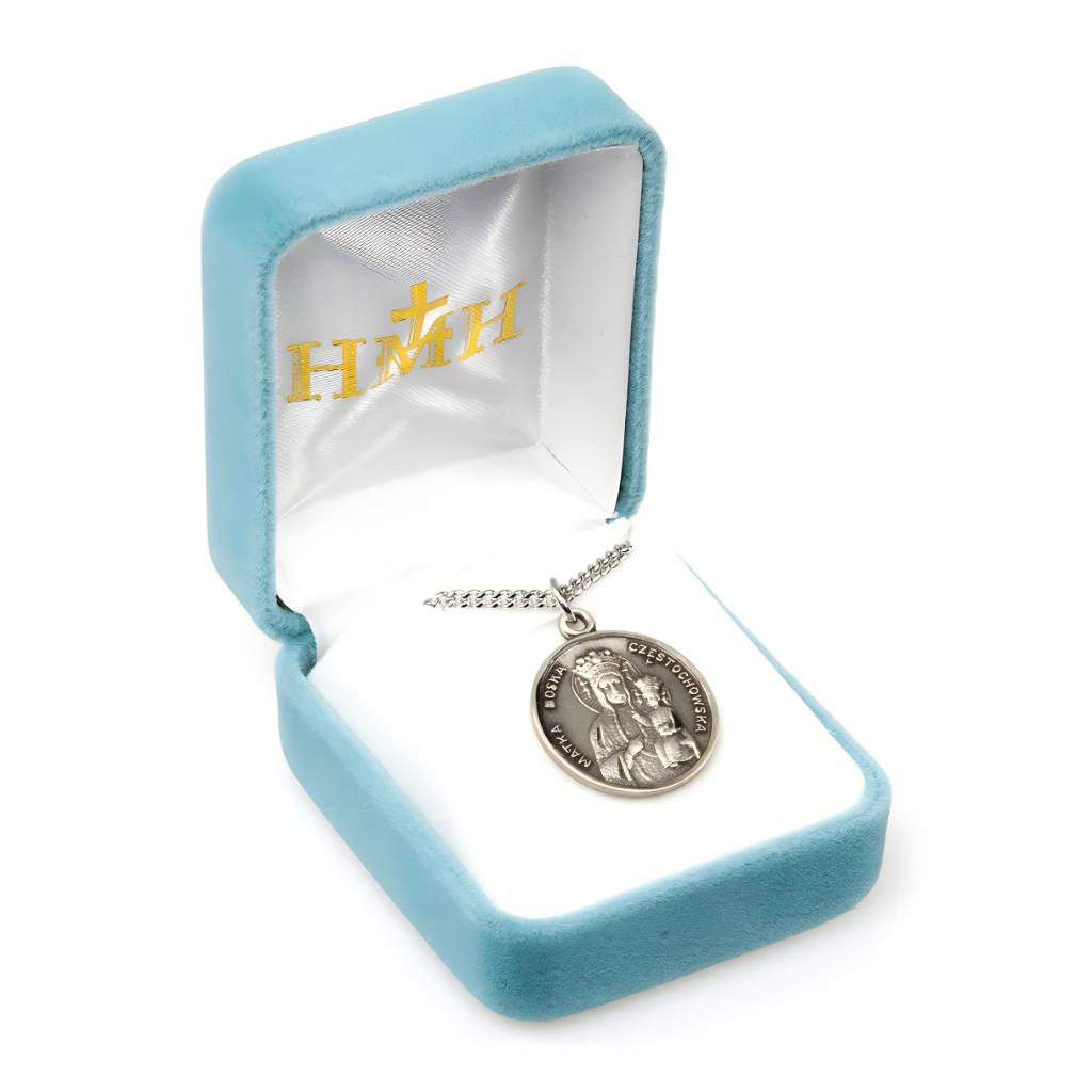 HMH Religious Our Lady of Czestochowa sterling silver round medal necklace with 18" stainless steel chain in gift box