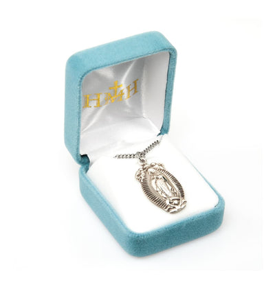Ornate Our Lady of Guadalupe Sterling Silver Medal Pendant in Gift Box, HMH Religious
