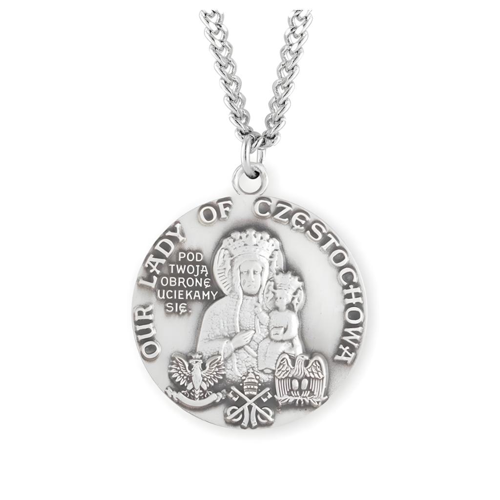 Our Lady of Czestochowa Round Sterling Silver Medal Necklace with 24" Stainless Steel Chain