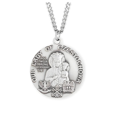 Our Lady of Czestochowa Round Sterling Silver Medal Necklace with 24" Stainless Steel Chain