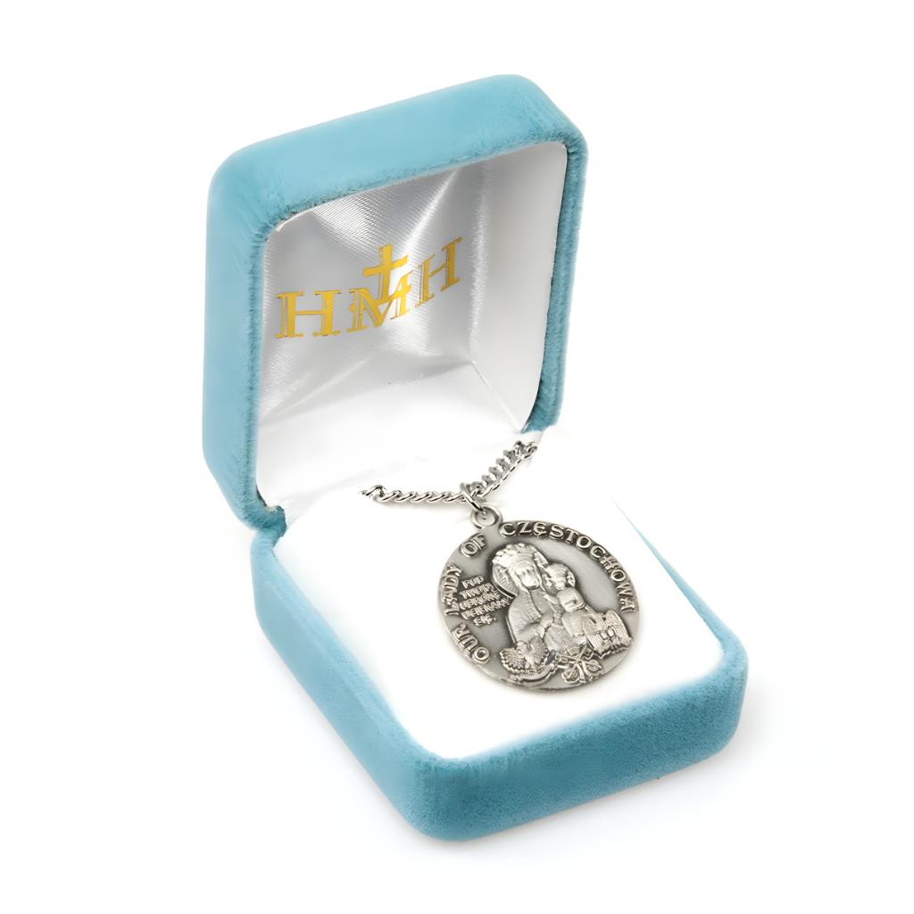 Our Lady of Czestochowa Round Sterling Silver Medal Necklace with 24" Stainless Steel Chain in Gift Box