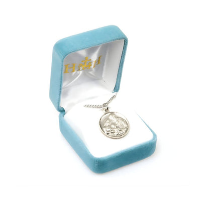 Holy Family Sterling Silver Medal Necklace. Made in USA . Comes with an 20-inch chain and deluxe gift box, HMH Religious