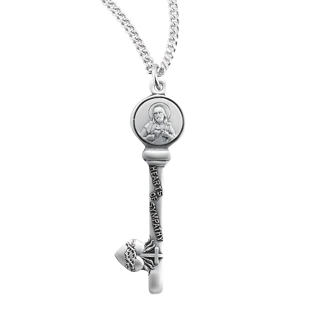 Hearts of Sympathy Key Sterling Silver Medal Necklace. Made in USA HMH Religious. Comes with an 18-inch chain.