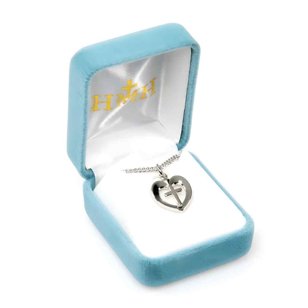 HMH Religious Open Heart Cross .925 sterling silver pendant necklace in gift box