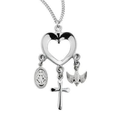 Sterling Open Heart w/ Miraculous, Cross & Holy Spirit Necklace, HMH Religious