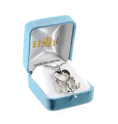 Sterling Open Heart w/ Miraculous, Cross & Holy Spirit Necklace in Gift Box, HMH Religious