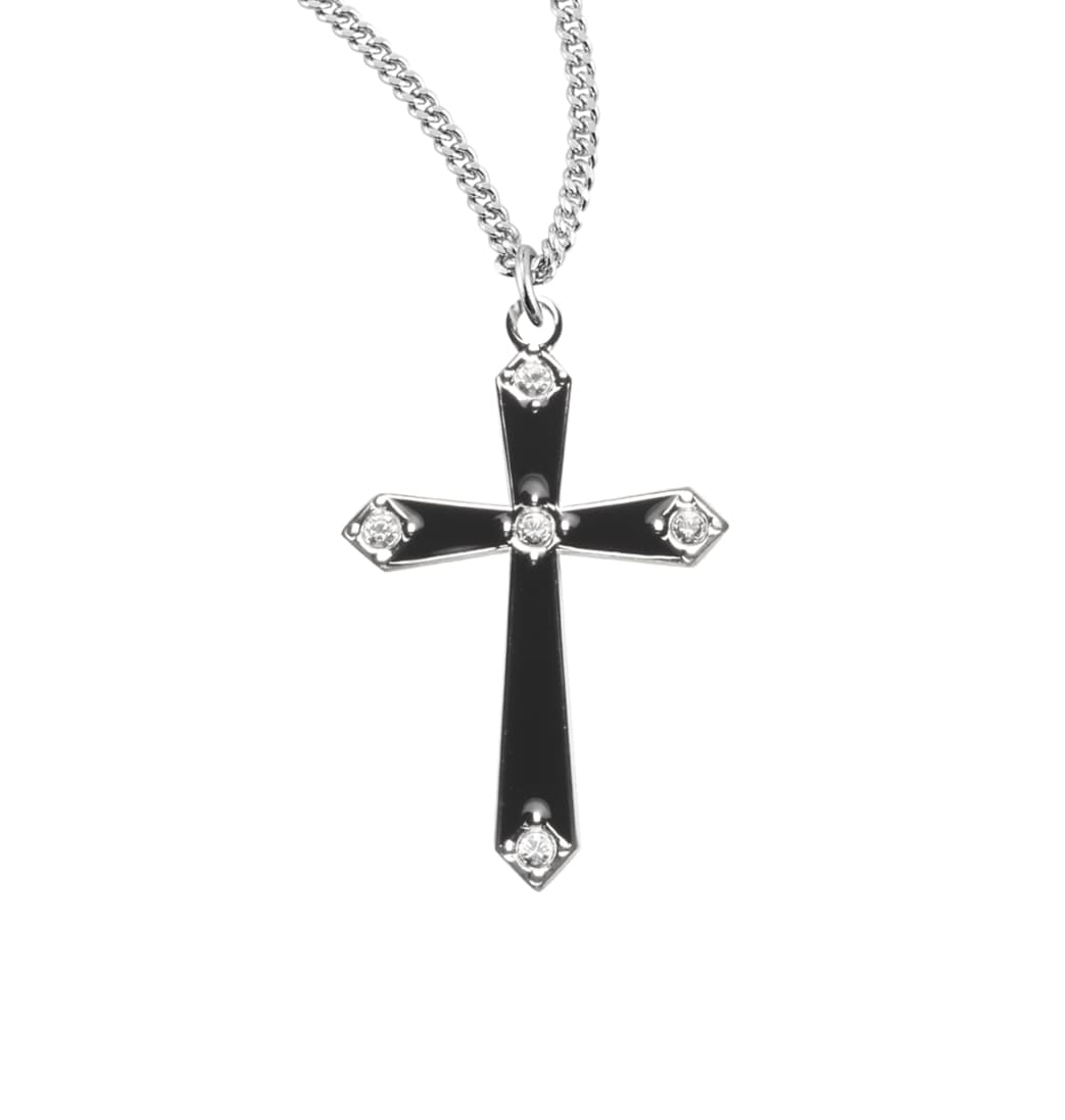 HMH Religious Flared Black Enameled w/5 Crystals Sterling Silver Crucifix,S3776BK,