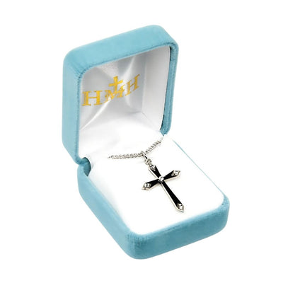 Flared Black Epoxy w/5 Crystals Sterling Silver Crucifix in Box, HMH Religious