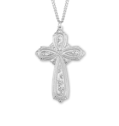 Large Elegant Swirl Design Sterling Silver Crucifix Necklace, HMH Religious