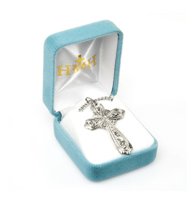 Large Elegant Swirl Design Sterling Silver Crucifix Necklace in Box, HMH Religious