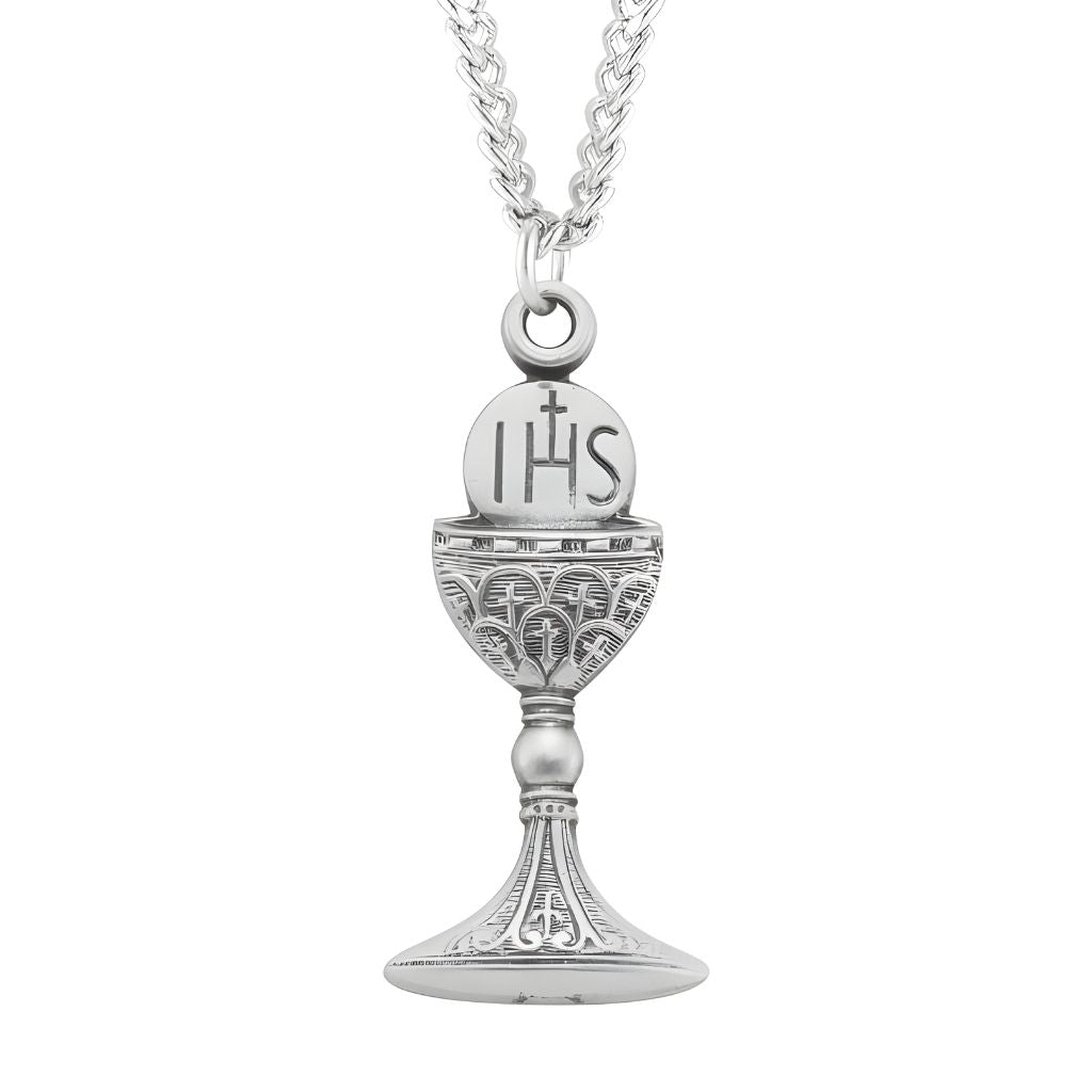 HMH Religious Traditional Holy Communion Chalice with Host Sterling Silver Medal Necklace with 18" Stainless Steel Chain, Measures 1" x 1/2"