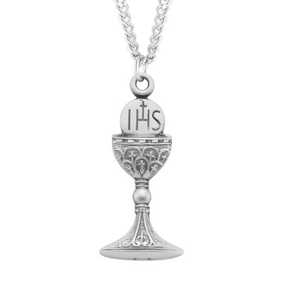 Traditional Holy Communion Chalice with Host Sterling Silver Medal Necklace with 18" Stainless Steel Chain, Measures 1" x 1/2", HMH Religious