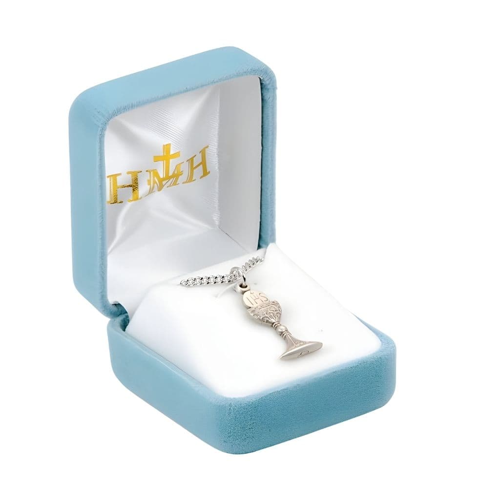 HMH Religious Traditional Holy Communion Chalice with Host Sterling Silver Medal Necklace with 18" Stainless Steel Chain, Measures 1" x 1/2" in Gift Box