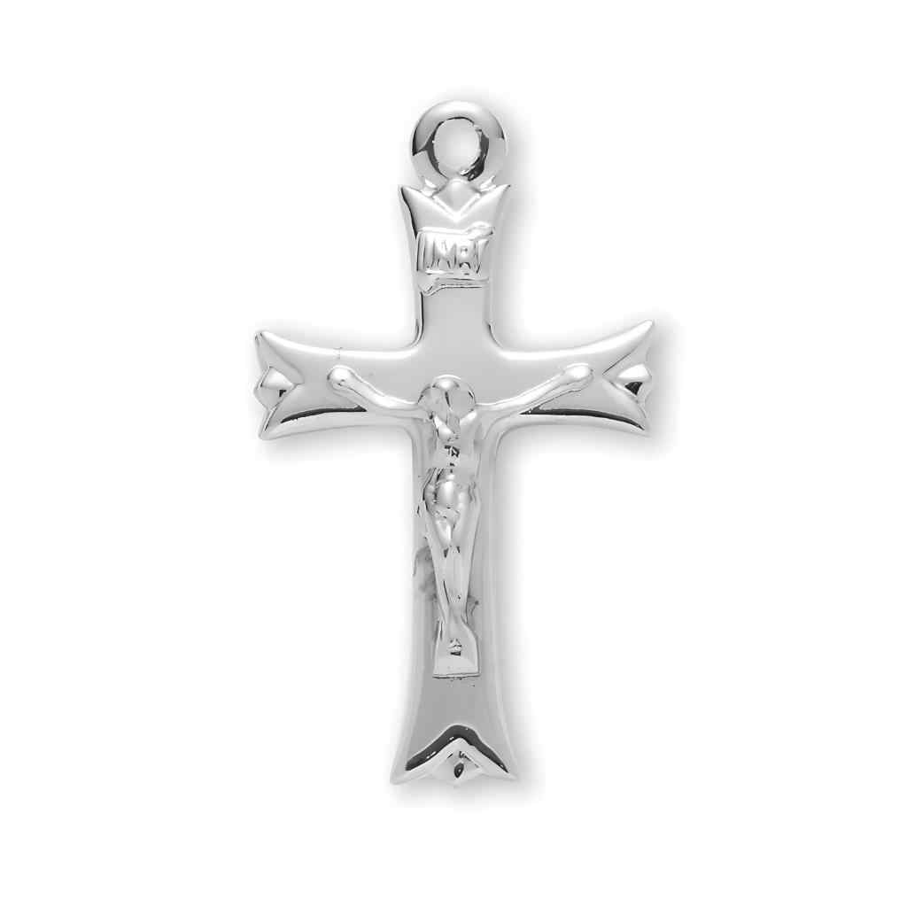 Front of a Notched Flared Tipped Sterling Silver Crucifix Cross Necklace. Comes with a 18" stainless steel chain, HMH Religious (view 2)