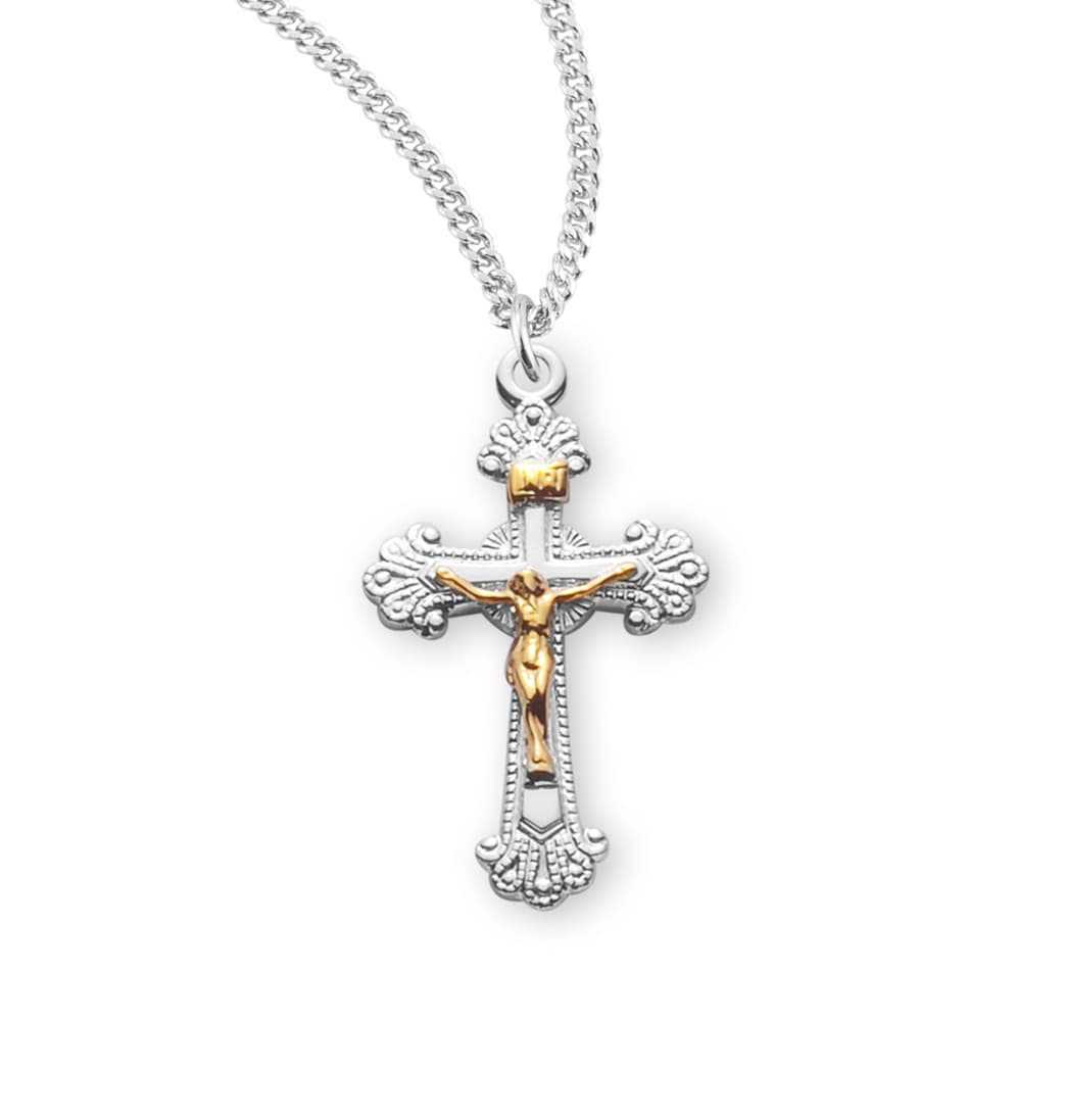 HMH Religious Engraved Two Toned Flare Design Sterling Silver Crucifix Necklace,