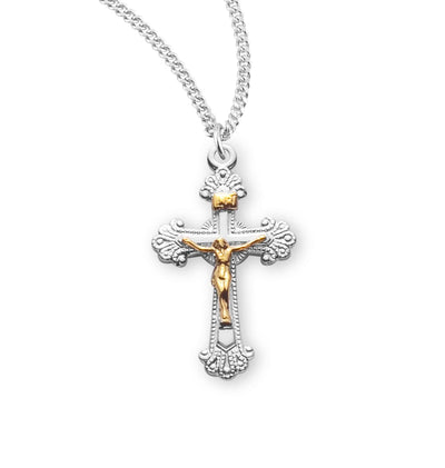 Engraved Two Toned Flare Design Sterling Silver Crucifix Necklace, HMH Religious