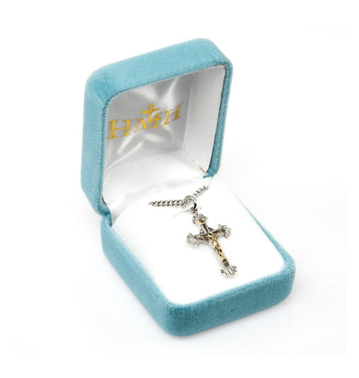 Engraved Two Toned Flare Design Crucifix Necklace in Box, HMH Religious