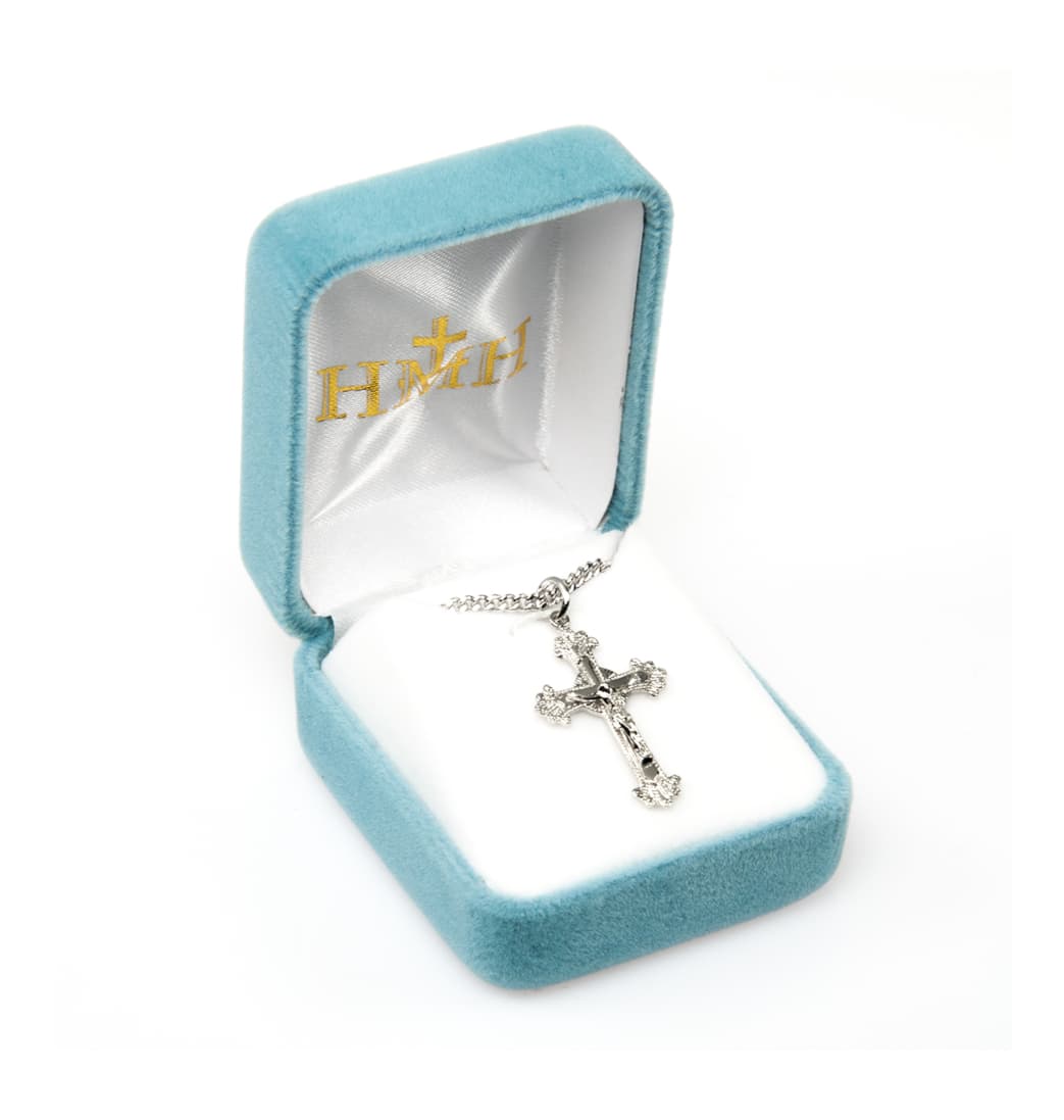 HMH Religious Engraved Flare Design Sterling Silver Crucifix Necklace in Gift Box,