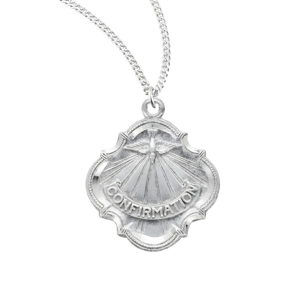 HMH Holy Spirit Confirmation Baroque Sterling Silver Medal Necklace with 18" Stainless Steel Chain, Measures 0.8" x 0.6"