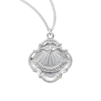 Holy Spirit Confirmation Baroque Sterling Silver Medal Necklace with 18" Stainless Steel Chain, Measures 0.8" x 0.6", HMH Religious