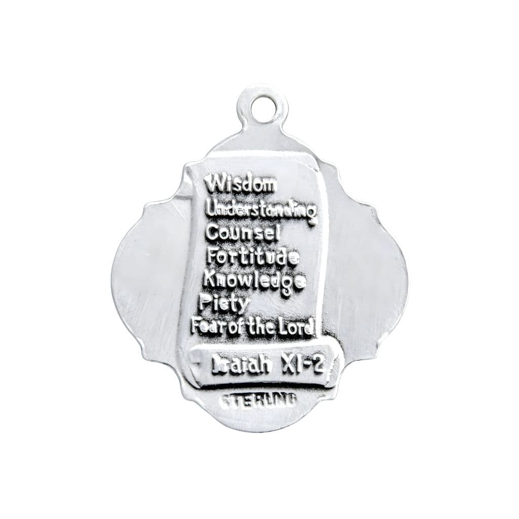 Back of medal for HMH Holy Spirit Confirmation Baroque Sterling Silver Medal Necklace with 18" Stainless Steel Chain, Measures 0.8" x 0.6"