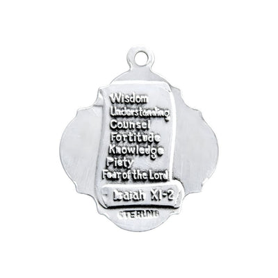 Back of medal for Holy Spirit Confirmation Baroque Sterling Silver Medal Necklace with 18" Stainless Steel Chain, Measures 0.8" x 0.6", HMH Religious